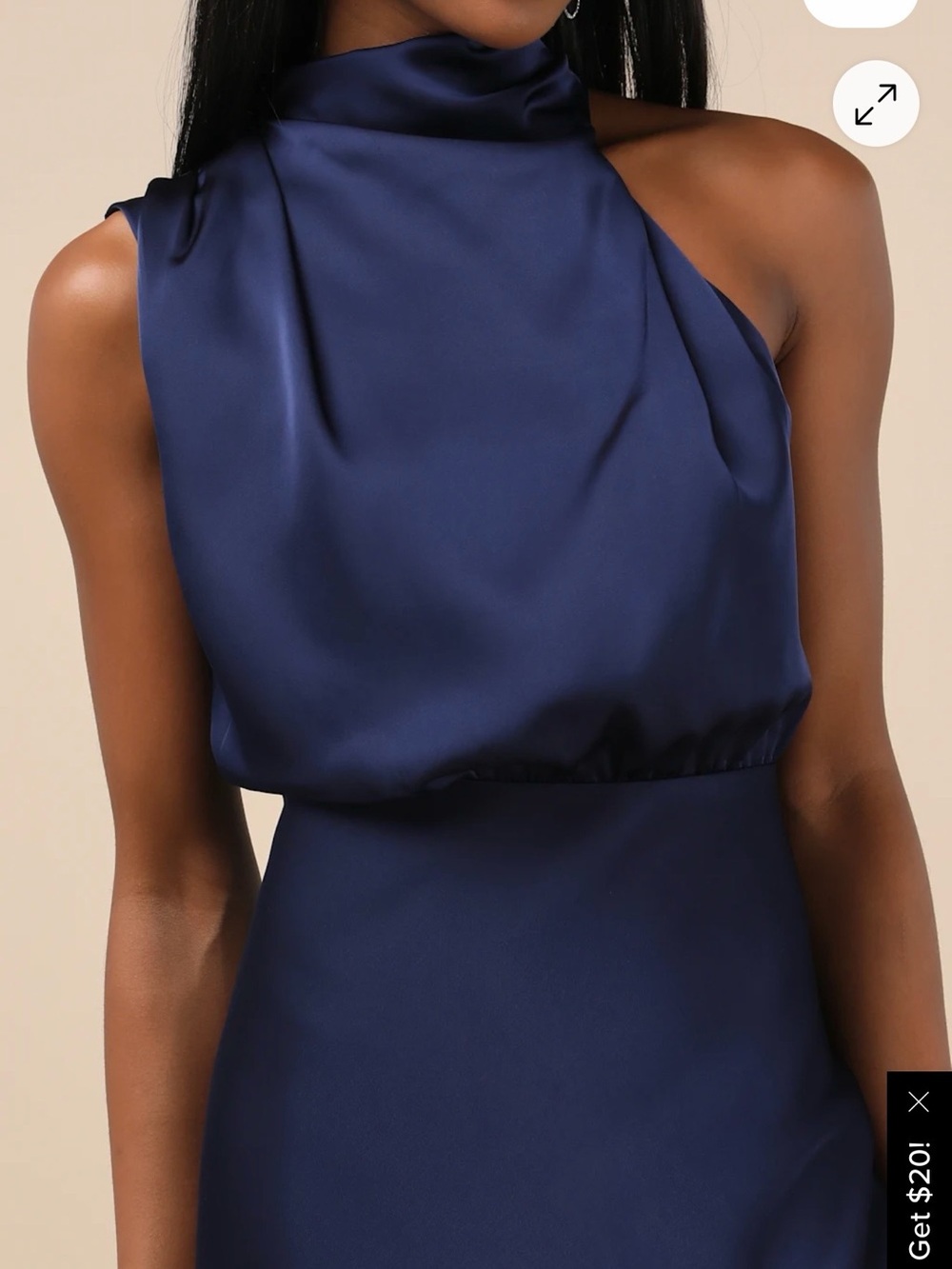 Lulu’s Navy Satin High-Neck Asymmetrical Midi Dress - Picture 3 of 6